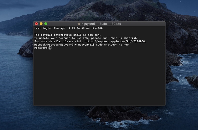 Sử dụng Terminal khởi động lại Macbook