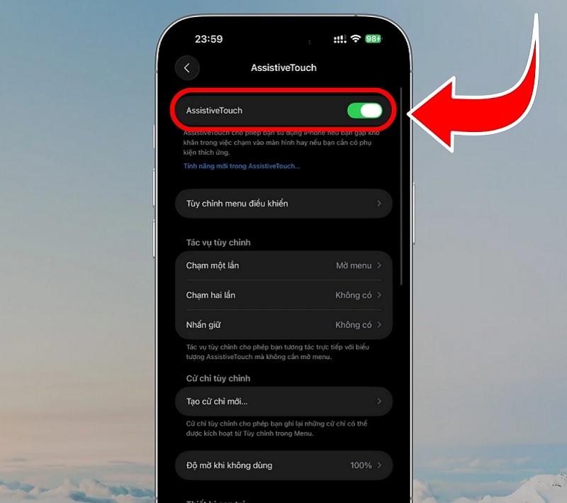 Sử dụng nút home ảo tắt màn hình iPhone 17 Pro Max